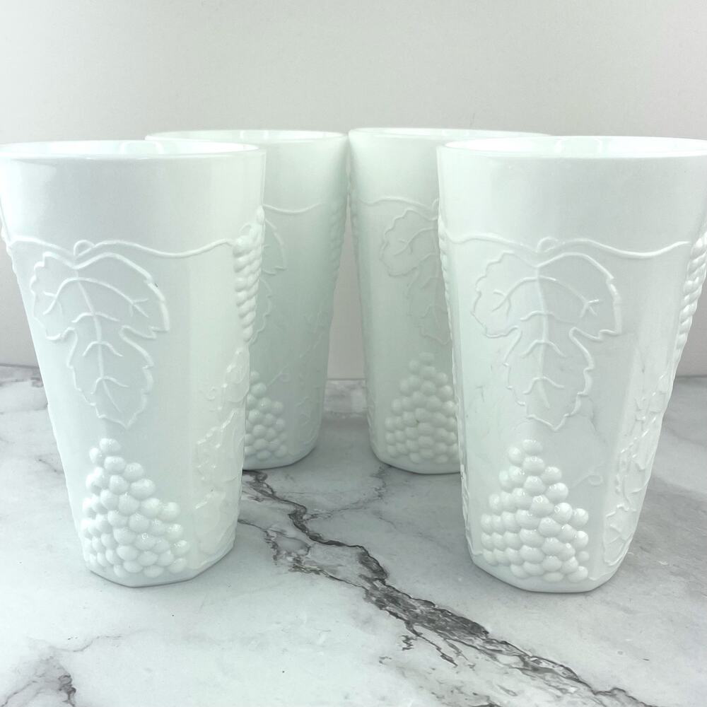 Indiana Glass Colony Harvest Milk Glass Grape and Leaf Tumblers 12oz Set of 4